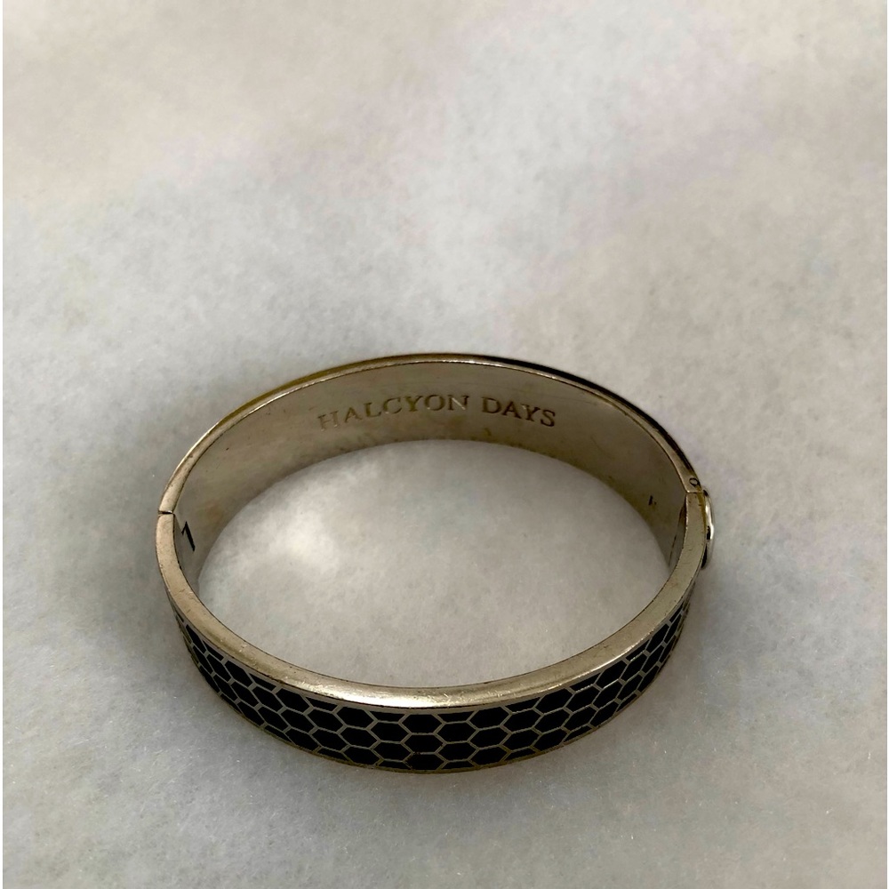 Halcyon Days Black & Silver Honeycomb Hinged Clasp Bangle Bracelet, 6..5 in